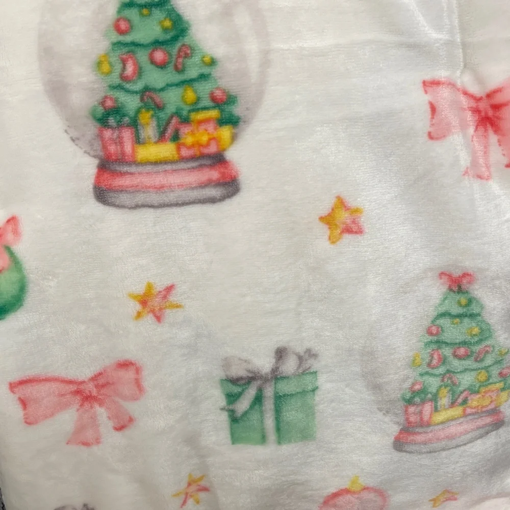 Pink Christmas Tree Snowglobes &  Pink Bow Ribbons Plush Blanket 50”x70” NWT